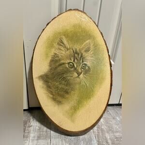 Vintage Wooden Cat Plaque Picture on Live Edge Wood Slab